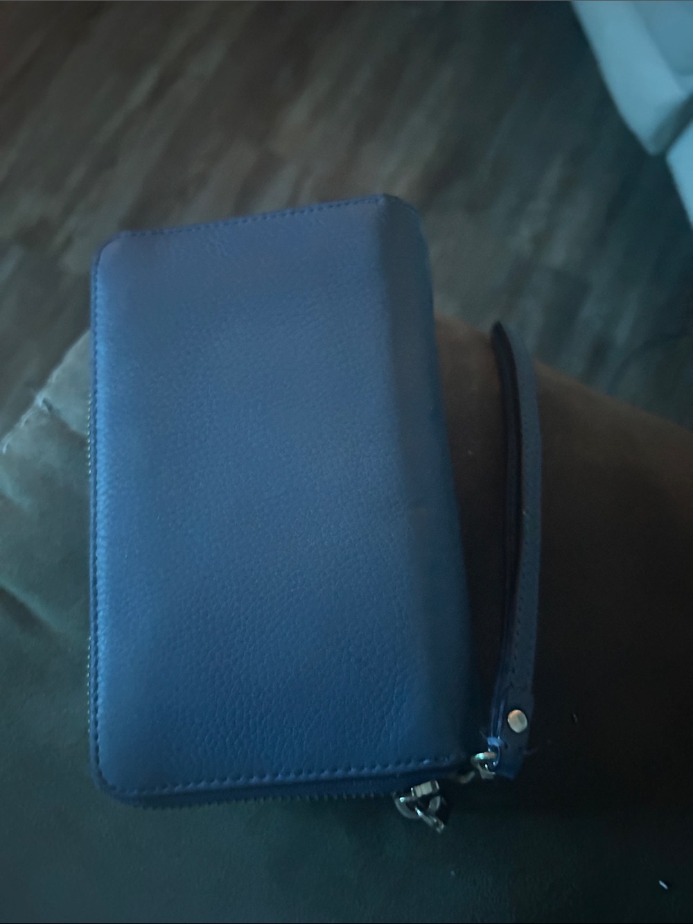 Kate spadeSmall Blue Leather Zip Wallet with Silver Hardware double zip.